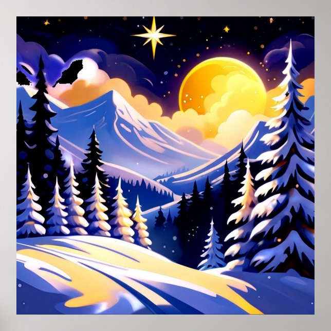 Vinterlandskap på natten med snötäckta berg poster (Framsidan)