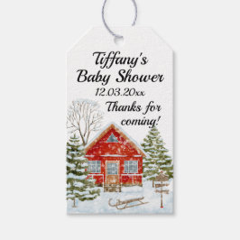 Vinterlandskap Rött Hus Bebis Shower Presentetikett