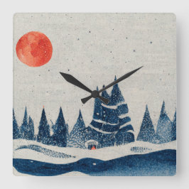 Vinterlandskap Skogsträdblått Teckning Fyrkantig Klocka