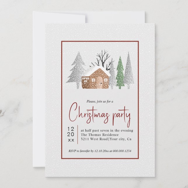 Vinterlandskap, träd och snöfall jul party inbjudningar (Framsida)