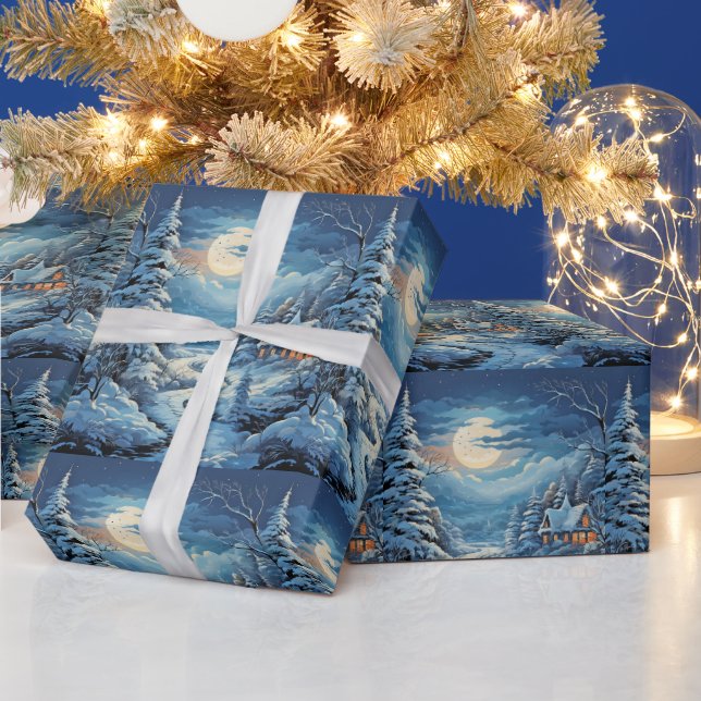 Vinterlandskap Trähus Tallträd Flod Presentpapper (Helgdagar)