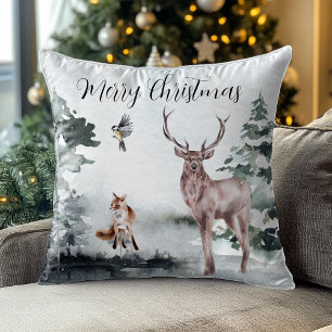 Vinterlandskap Vattenfärgstag Hjort jul Kudde