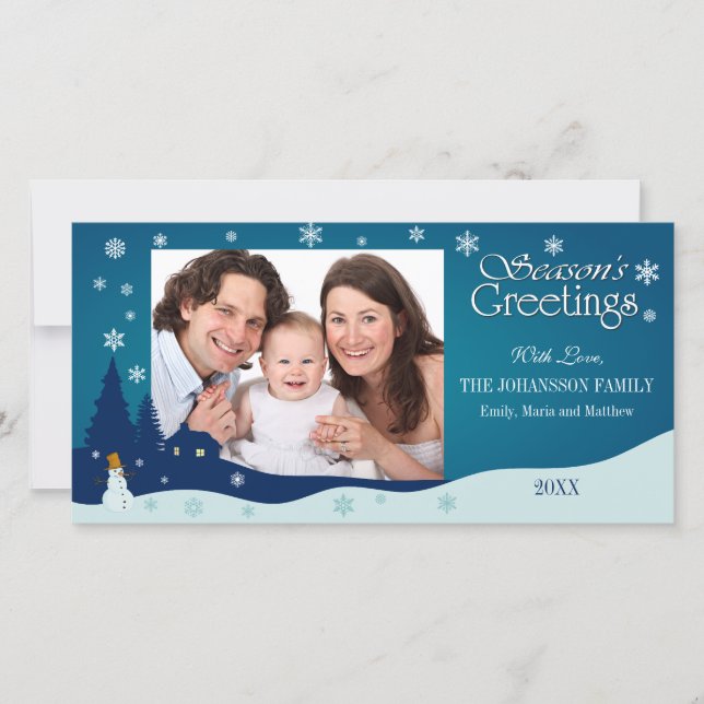 Vinterlandskaps julkort med snöman (Framsida)