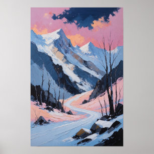 Vinterlandskapsmålning av snöig bergsväg poster