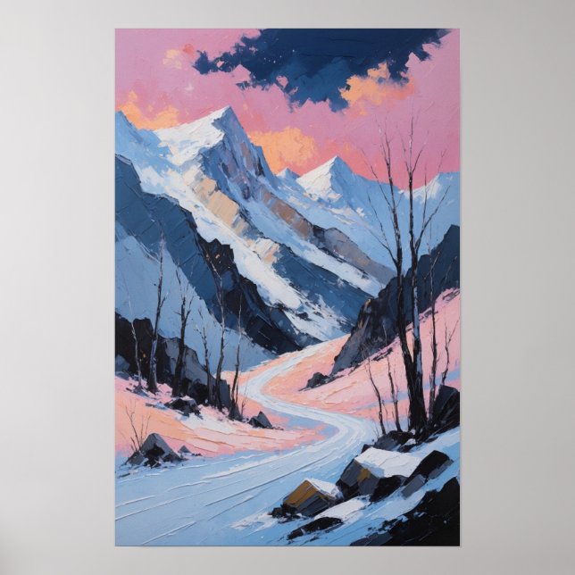 Vinterlandskapsmålning av snöig bergsväg poster (Framsidan)