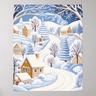 Vinterled genom snöigt samhälle och träd poster