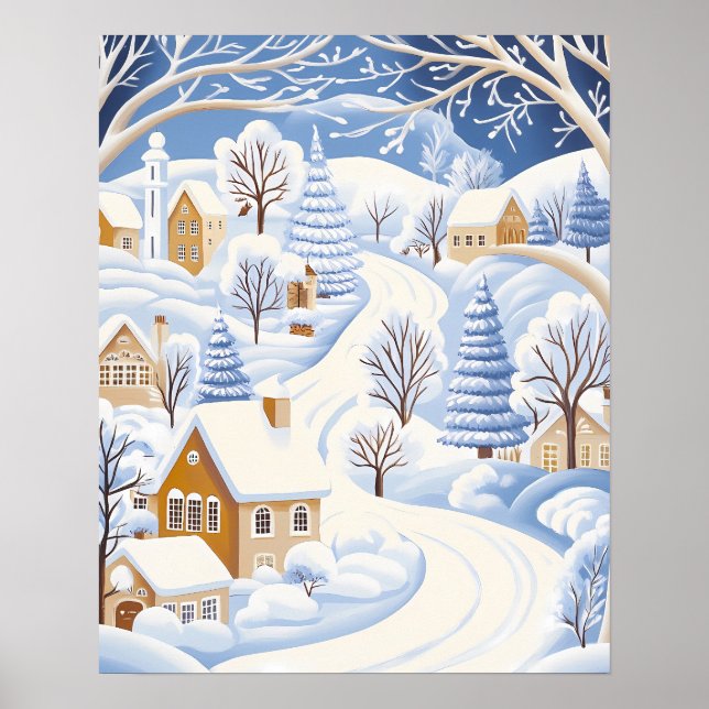 Vinterled genom snöigt samhälle och träd poster (Framsidan)