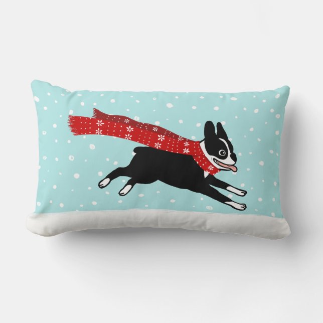 Vinterledighet Boston Terrier med röd halsduk Lumbarkudde (Framsida)