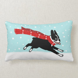 Vinterledighet Boston Terrier med röd halsduk Lumbarkudde