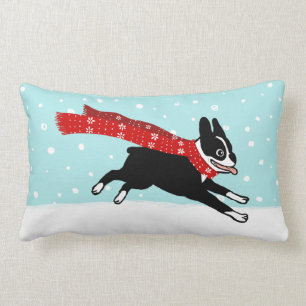 Vinterledighet Boston Terrier med röd halsduk Lumbarkudde