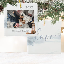 Vinterlig skogsscen med räv foto julgransprydnad keramik