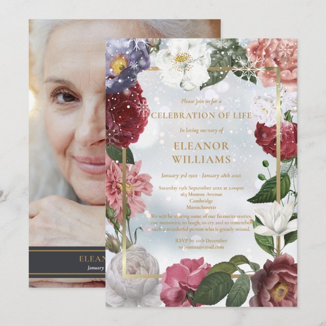 Vinterlivs firande Begravning Blommig Foto Inbjudningar (Fram/baksida)