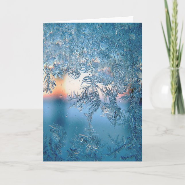 Vinterljus genom frostiga iskristaller glas helgkort (Framsida)