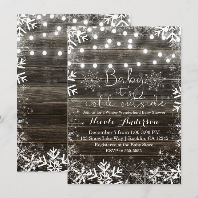 Vinterljus & Snöflingor Rustik Bebis-babyshower Inbjudningar (Fram/baksida)