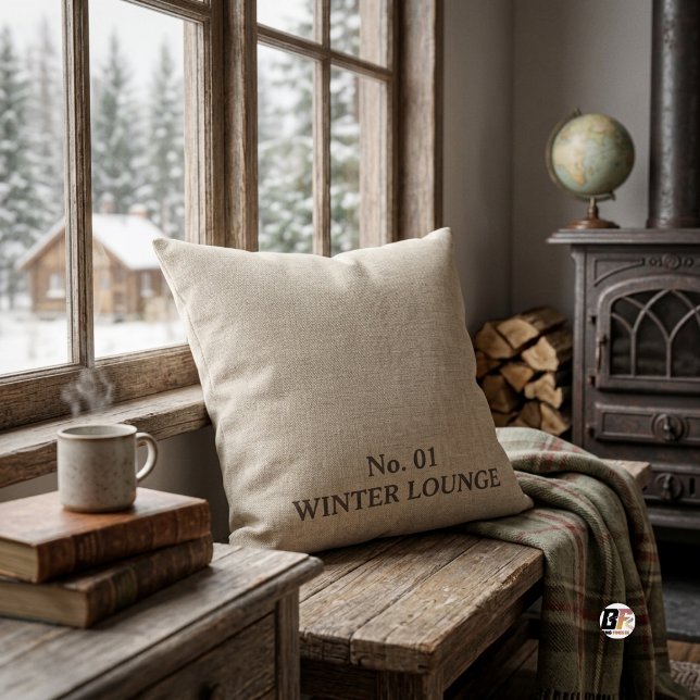 Vinterlounge Rustik Typografi Beige Kudde (Skapare uppladdad)
