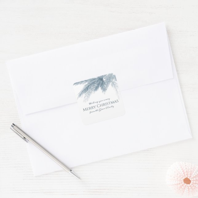 Vinterlöv, vintergrönt grått grönt fyrkantigt klistermärke (Kuvert)