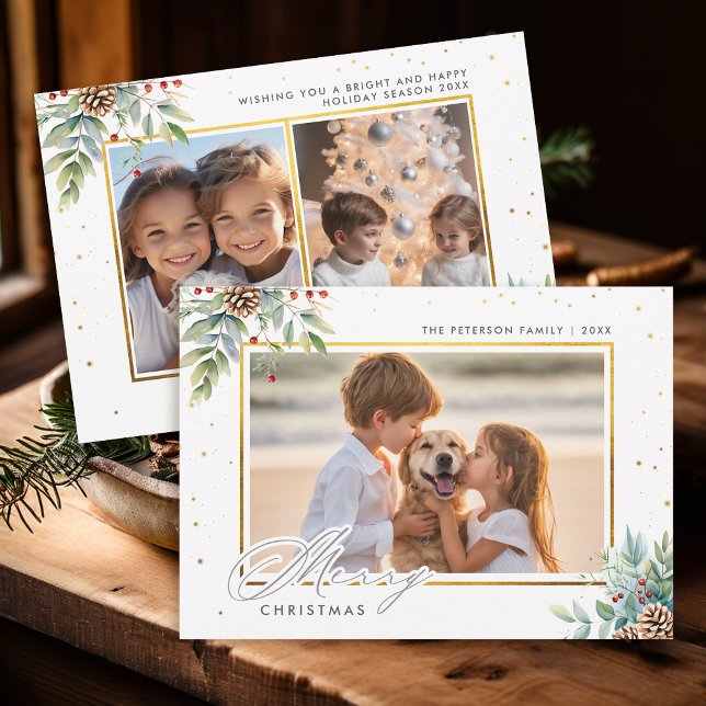 Vinterlövning Guld Ram Kids Fotojul Julkort (christmas card kids photo template winter greenery gold frame modern minimalist rustic watercolor)