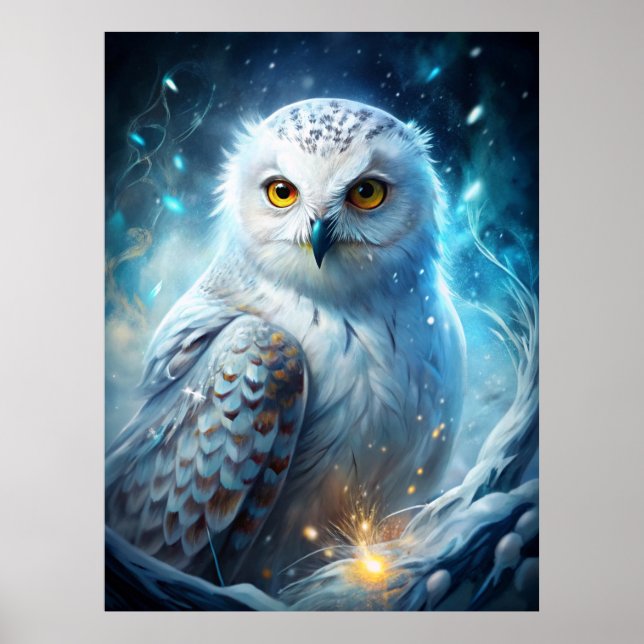 Vintermagisk Snöuggla – Mystisk Blå Skog Poster (Framsidan)