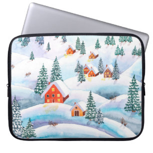 Vintermålad vattenfärgad illustration av vintern laptop fodral