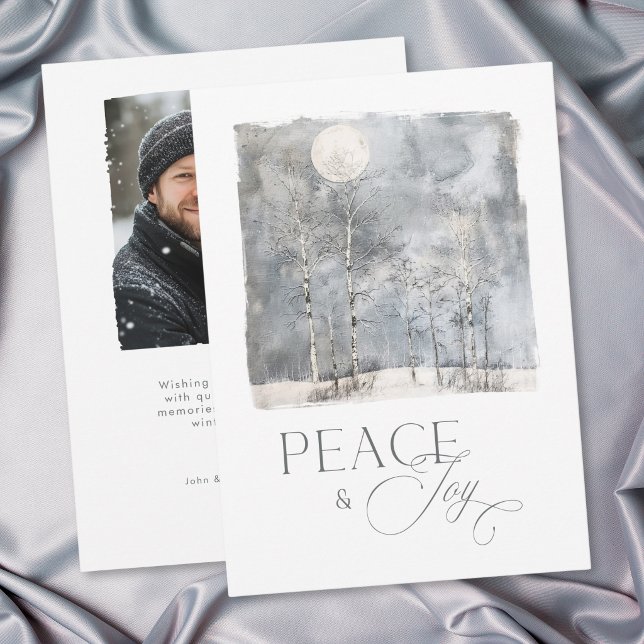 Vintermån Fred Och Glädje Vattenfärg Foto Högtid Julkort (Winter Moon Peace and Joy Watercolor Photo Holiday Card)