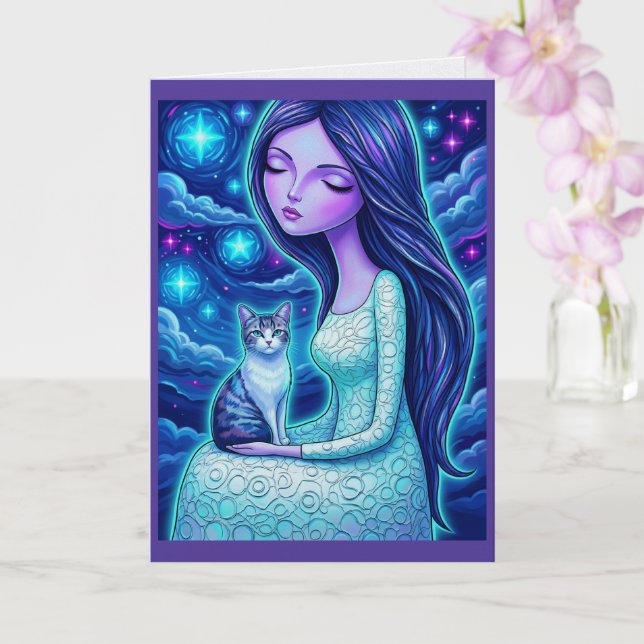 Vintermåne Jungfrun Silver Katt Fantasy Art Kort (Orkide)