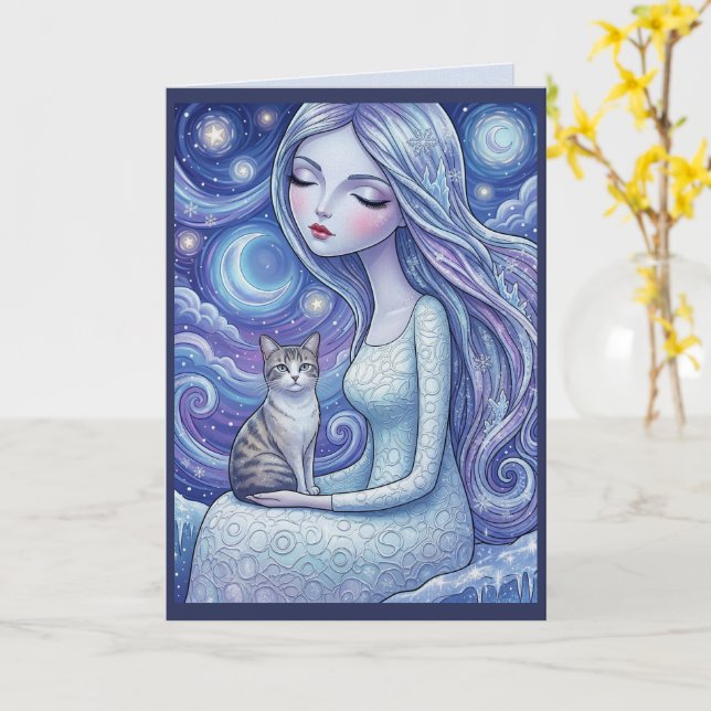 Vintermåne Jungfrun Silver Katt Fantasy Julkort  Kort (Gul blomma)