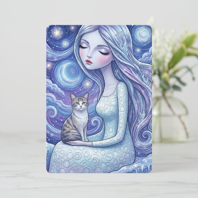 Vintermåne Jungfrun Silver Katt Fantasy Konst Kort (Stående Fram)
