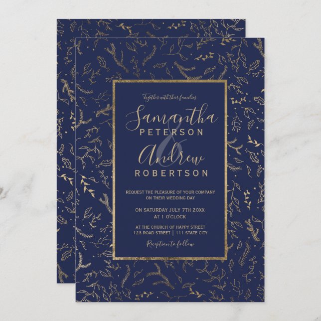 Vintermarinblått typografi bröllop i guld blommigt inbjudningar (Fram/baksida)