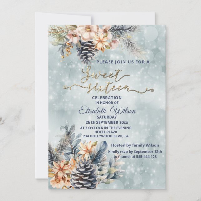 Vintermodern blommigt vid kusten, vattenfärg inbjudningar (Framsida)