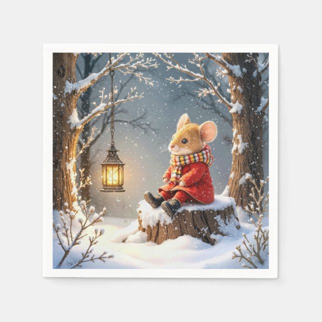 Vintermus och skogsmark i Snöflingor Pappersservett (Framsidan)