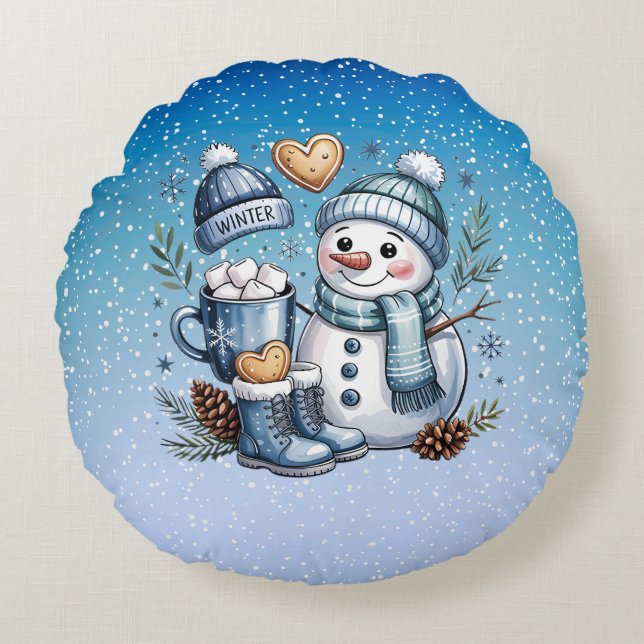 Vintermysig Snöman Rund Kudde (Framsidan)