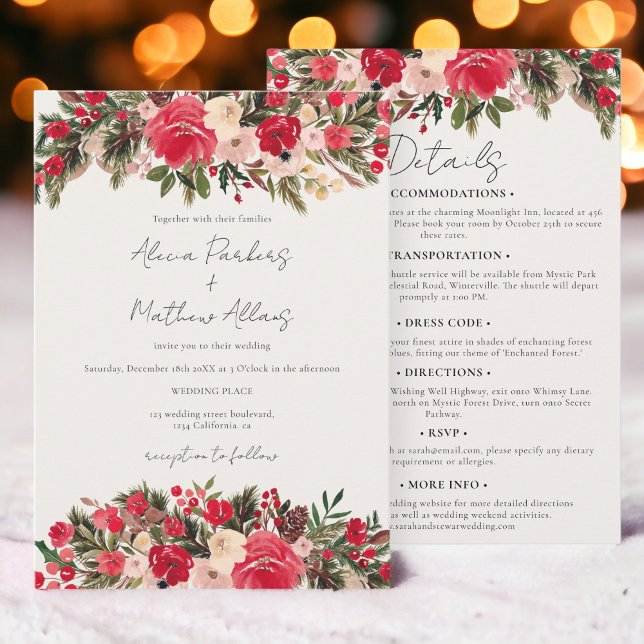 Vintern Blommigt i Rustic Red grönt i Bröllop Inbjudningar (Rustic Red green winter Floral all in one Wedding Invitation)