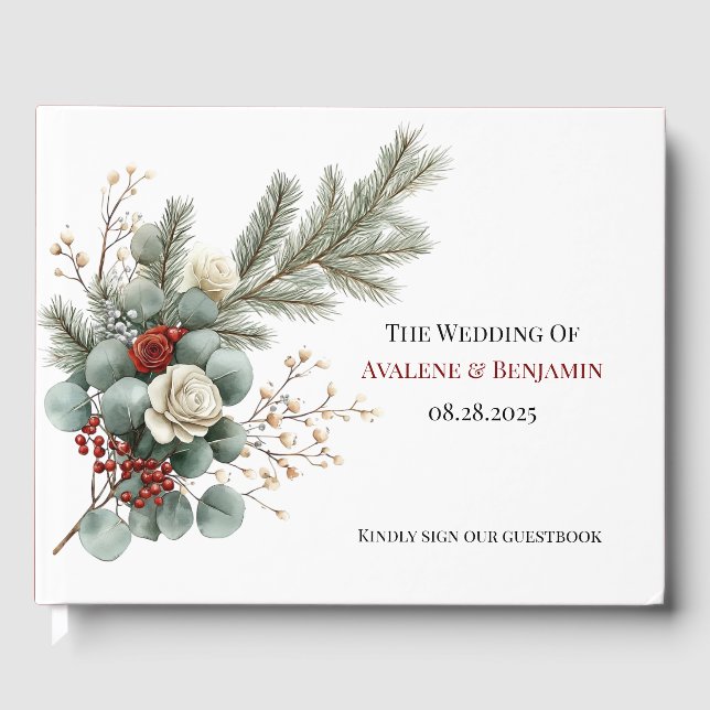 Vintern Blommigt Red White-jul Ro Bröllop Gästböcker (Framsida)