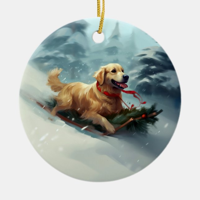 Vintern Golden Retriever jul snö Julgransprydnad Keramik (Framsidan)