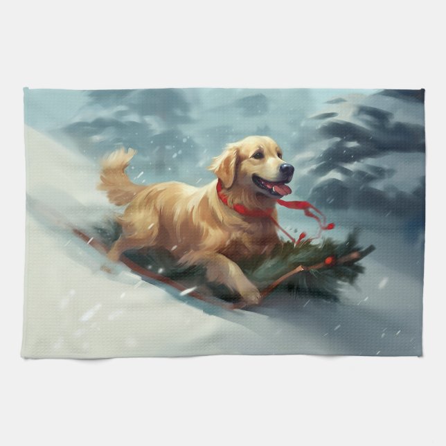 Vintern Golden Retriever jul snö Kökshandduk (Horisontell)