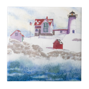 Vintern i Nubble LIghthouse i Maine Ceramic Tile Kakelplatta