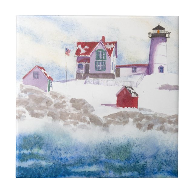 Vintern i Nubble LIghthouse i Maine Ceramic Tile Kakelplatta (Framsidan)