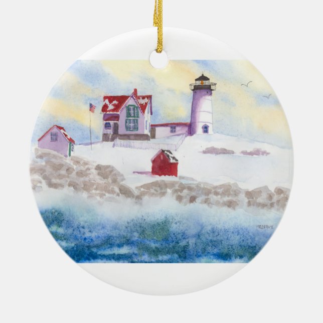 Vintern i Nubble LIghthouse i Maine Julgransprydnad Keramik (Baksidan)