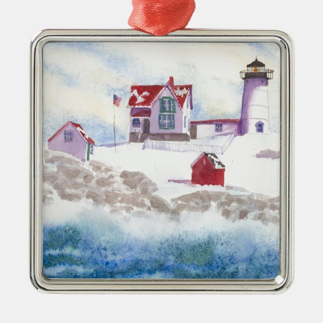 Vintern i Nubble LIghthouse i Maine Julgransprydnad Metall (Framsidan)