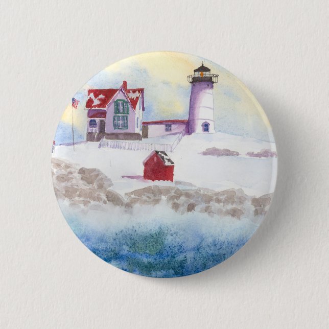 Vintern i Nubble LIghthouse i Maine Round Sticker Knapp (Framsida)