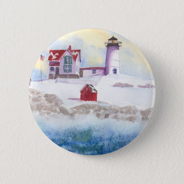 Vintern i Nubble LIghthouse i Maine Round Sticker Knapp (Framsida)