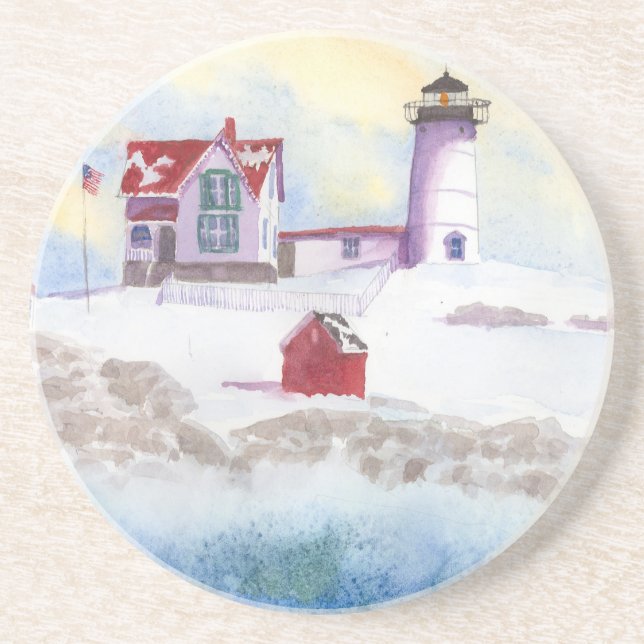 Vintern i Nubble LIghthouse i Maine Underlägg Sandsten (Framsidan)