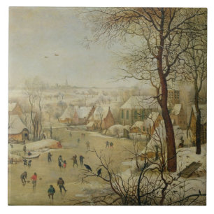 Vintern landskap med fågelfälla (olja på panel) kakelplatta