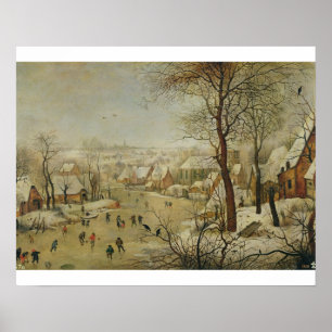 Vintern landskap med fågelfälla (olja på panel) poster
