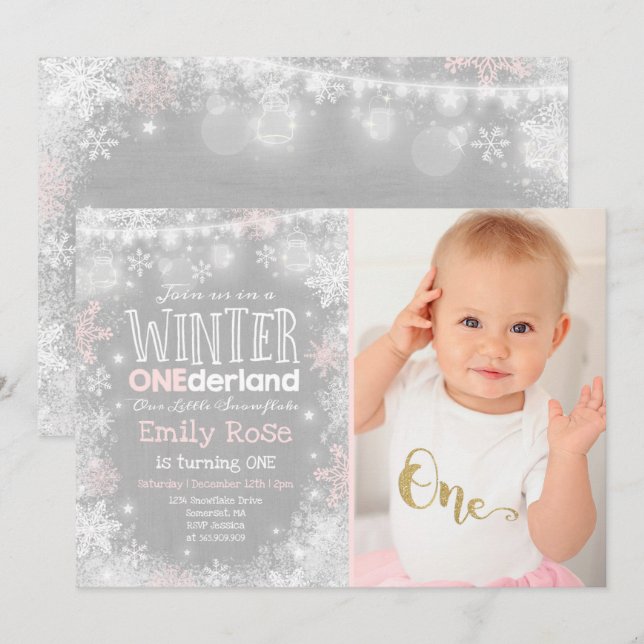 Vintern ONEderland Birthday Inbjudan Rosa White (Fram/baksida)