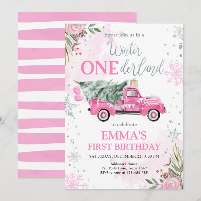 Vintern Onederland Rosa Lastbil Flickan första föd Inbjudningar (Fram/baksida)