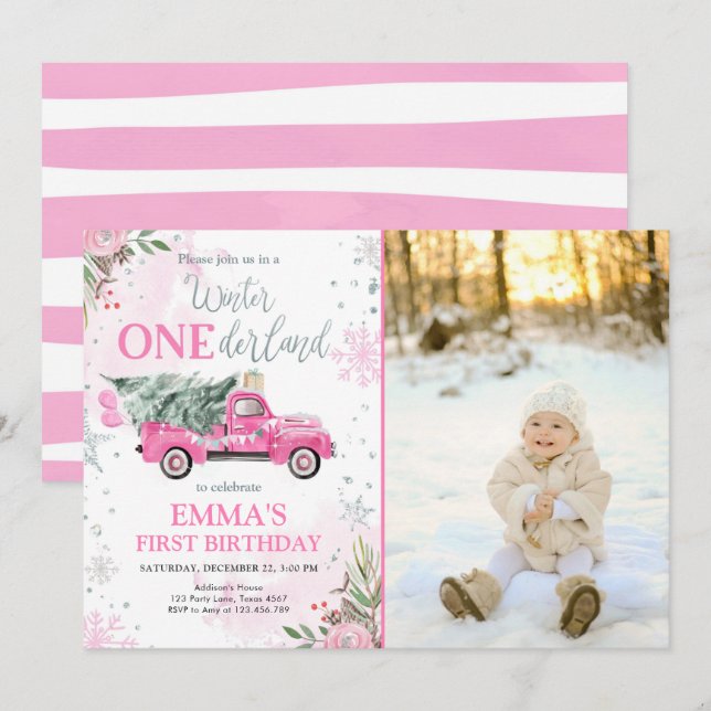 Vintern Onederland Rosa Lastbil Flickan första föd Inbjudningar (Fram/baksida)
