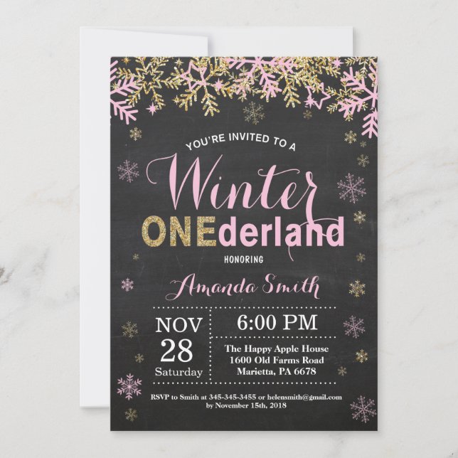 Vintern Onederland Rosa och Guld flicka 1:a födels Inbjudningar (Framsida)
