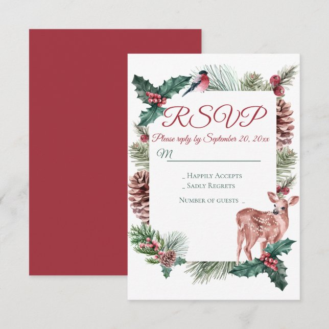 Vintern OSA Hjort Blommigt Jul Red Bröllop Inbjudningar (Fram/baksida)