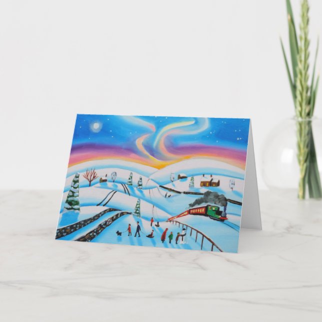 Vintern på julscenen i norra ljus helgkort (Framsida)